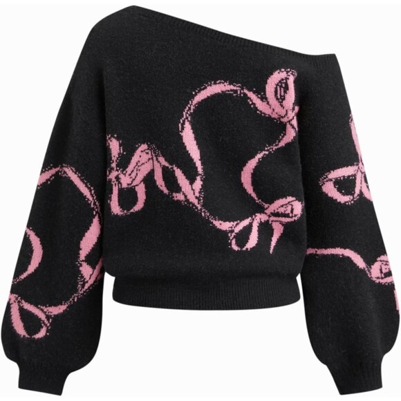 Women’s Black CIDER One Shoulder Bowknot Knit Pullover Sweater - Picture 5 of 6